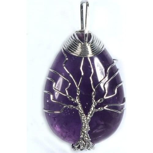 Trendy-beads Popular Silver Plated Wire Wrap Tree of Life Water Drop Amethysts Pendant Charm Jewelry