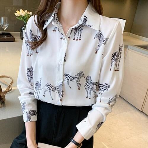 Women Shirt Animal Print Single-breasted Autumn Turndown Collar Long Sleeve All Match Blouse Streetwear Womens clothing 2021