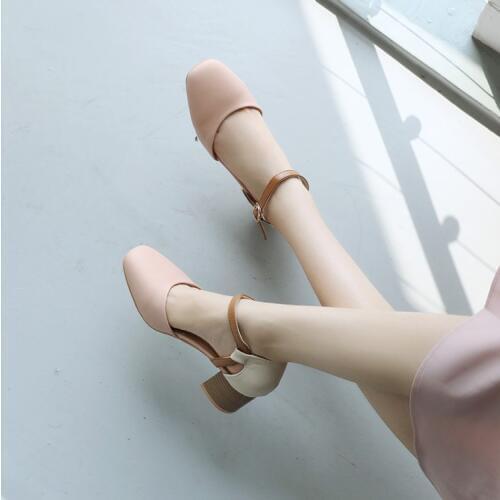 Big Size ladies high heels women shoes woman pumps Button single shoe lady with thick heel in Baotou