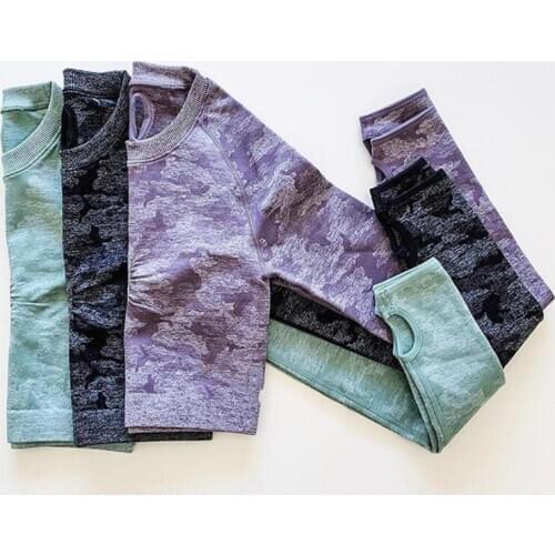 2PCS Camouflage Women Sport Suit Yoga Set Gym Workout Clothes Long Sleeve Fitness Crop Top + High Waist Energy Seamless Leggings