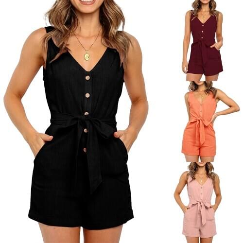 Women Playsuits Sexy V Neck Sleeveless Button Sashes Solid Playsuits Casual Slim Pocket Pink Black Short Jumpsuit Femme Rompers
