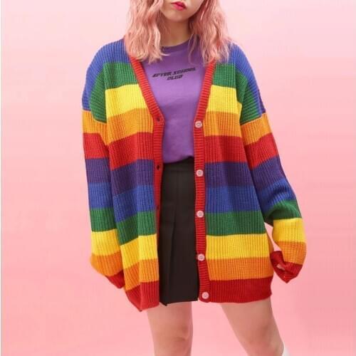 2020 Autumn Harajuku Cardigan Women Striped Rainbow Slim Sweater Coat Female Loose Sweaters Letter Embroidery Jumper Cardigans