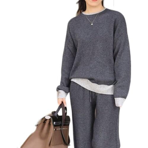 2021 New Autumn Fashion Sweater Two pieces One Set O-neck Warm Loose Knitted Pullover With Pants Set Tracksuit Elastic Female