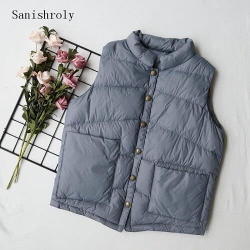 White Duck Down Vest Autumn Winter Women Thicken Single-Breasted Pockets Waistcoat Coat Lady Stand Collar Sleeveless Tank Jacket