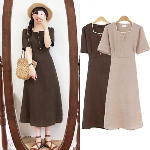 Retro square collar high waist cotton and linen dress women summer short sleeve slim a-line dress