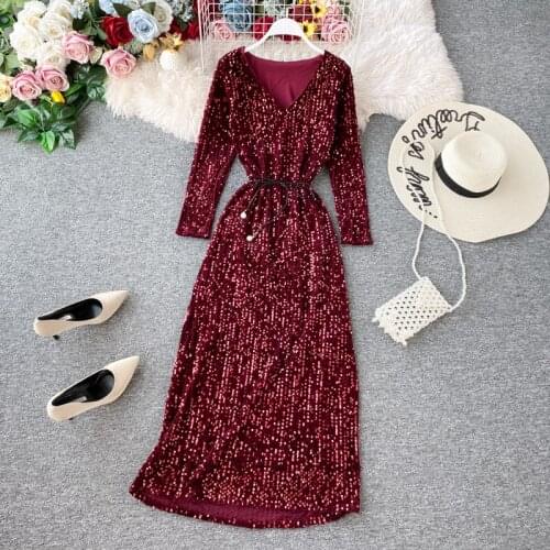 Womens Party Dress Long-sleeved Dress New Sequin Temperament Banquet Host Elegant V-neck Waist Lacing Dress Sexy Dress ML454