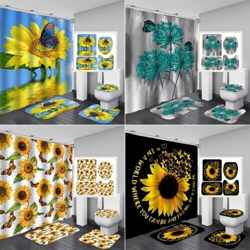 180*180cm Butterfly Flowers Bathroom Curtains Set Sunflower Shower Curtain Toilet Cover Mat Non-Slip Rug Set Bathtub Decoration