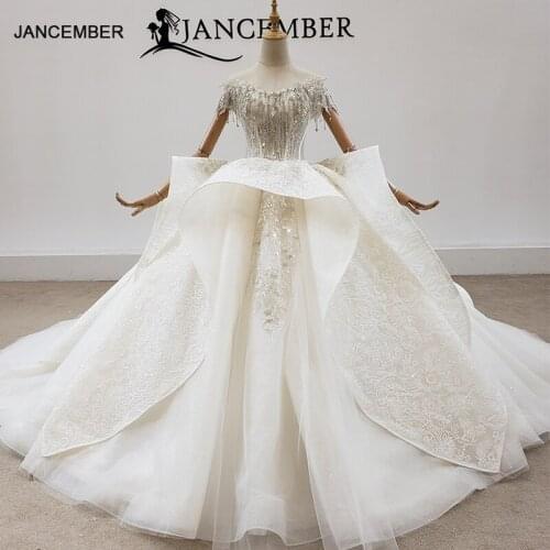 HTL1932 Ball-Gown Beaded Crystal Luxury Wedding Dress 2020 Short Sleeve O-Neck Lace Up Back Off The Shoulder