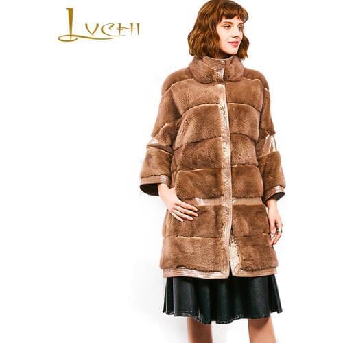LVCHI Winter 2019 Imported Velvet Mink Coat Womens Mandarin Collar Natural Fur Coat Mink Coat Wave Cut Medium Mink Fur Coats