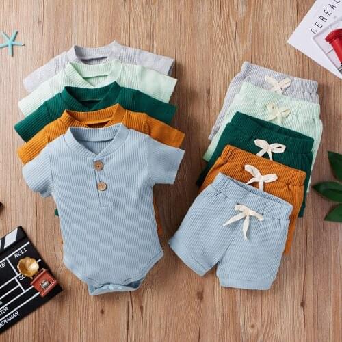 Two Piece Newborn Baby Girls Boys Solid Ribbed Outfits Short Sleeve O Neck Romper Shorts Infant Toddler Summer Sets 0-18M