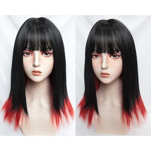 Red Mixed Black Kawaii Lolita Mullet Wig Harajuku Long Straight Hair Bangs Adult Chic Girls Women Cosplay Daily Wear