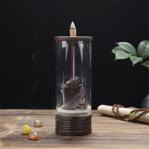 Incense Cones Holder Ceramic Waterfall Aroma Censer Acrylic Windproof Cover Chinese Dragon Incense Burner