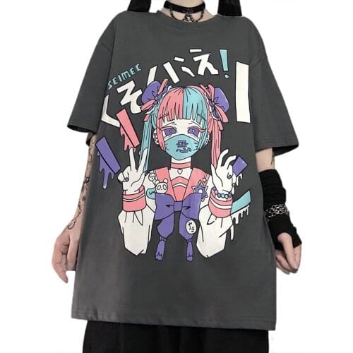 Summer Hip Hop Street Womens T-Shirt Cartoon Graffiti Loose Ladys Tshirt Female Gothic Dark Print O-Neck Size Top 2021 TS022