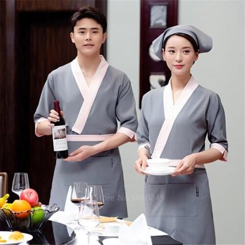 Mens Japanese Cooking Unfiorms Slim V-neck Chef-Coat Half Sleeve Kimono Restaurant Chef Jacket With Apron Women Sushi Unfiorm
