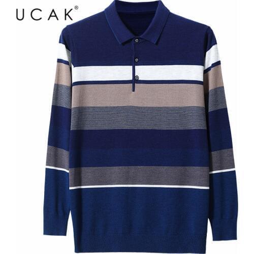UCAK Brand Fashion Stripe Sweaters Men Clothing Streetwear Autumn Winter Pullover Homme Turn-down Collar Sweater Clothes U1064