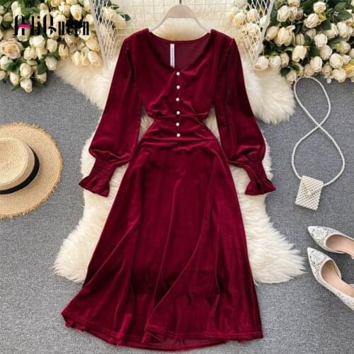 2020 Autumn Women Black V Neck Beading Velvet Dress Elegant Ladies Vintage Winter Red Lantern Sleeve Warm Long Party Dresses