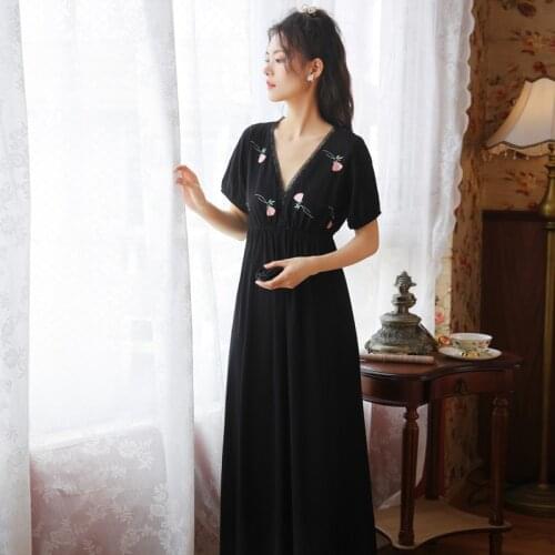Romantic Nightgowns Women Summer Cotton Black Long Night Dress Vintage Princess Sleepwear Nightdress Elegant Ladies Sexy Nightie