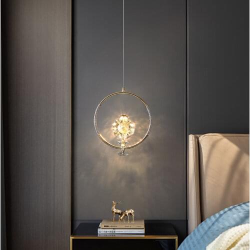 American Luxury Crystal Flower Gold Ring Led Pendant Lights For Sample Room Bedroom Bedside Suspension Luminaire Design Art Lamp