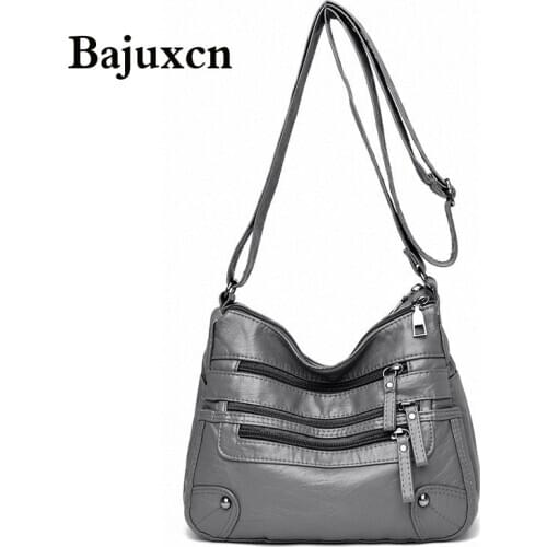 2021 womens bag fashion soft leather handbag double zipper shoulder bag simple messenger bag trend multi-pocket bag gray