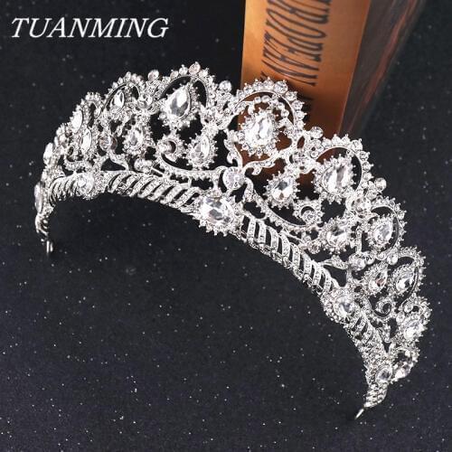 Big Vintage Silver Color Crystal Prom Queen Crown Brides Tiaras Wedding Head Jewelry Pageant Crown Hair Accessories For Women