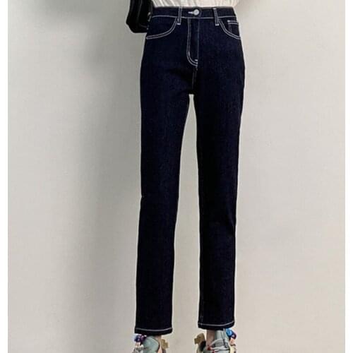 2021 Womens Straight Business Jeans Street Collocation High Heels Commuter Denim Trousers Vintage Stretch High Waist Nine Pants