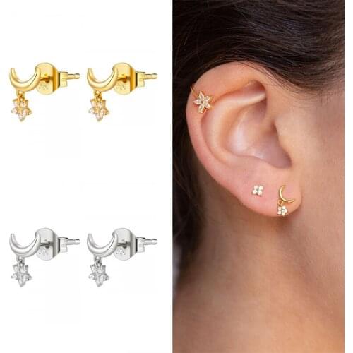 925 Silver Ear Needle Moon Stud Earrings for Women Exquisite Star Pendant Crystal Earrings Korean Fashion Females Jewelry Gift