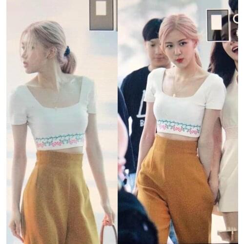 Kpop Seo Yea Ji ROSE Korean Summer Fashion Square Collar Short-Sleeve Tshirt + Loose High Waist Flared Pants Women Two Piece Set