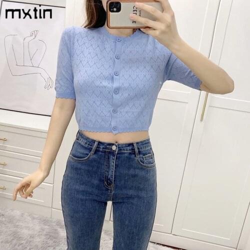 MXTIN 2021 Women Summer Vintage Solid Cardigan Knitted Sweater Fashion O Neck Short Sleeve Single Breasted Female Chic Tops