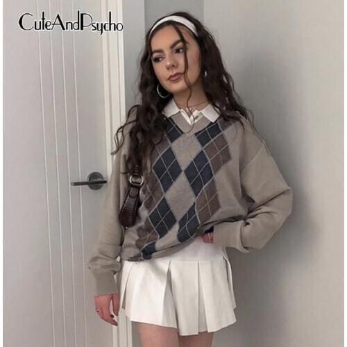 Vintage Argyle Plaid Y2K Sweaters for Women Streetwear Harajuku Oversized V-neck Pullovers Fashion Korean Knitwear Cuteandpsycho