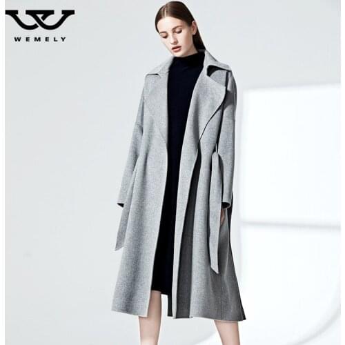 Double sided cashmere coat womens autumn and winter 2021 drawstring waist loose medium and long double-sided wool coat