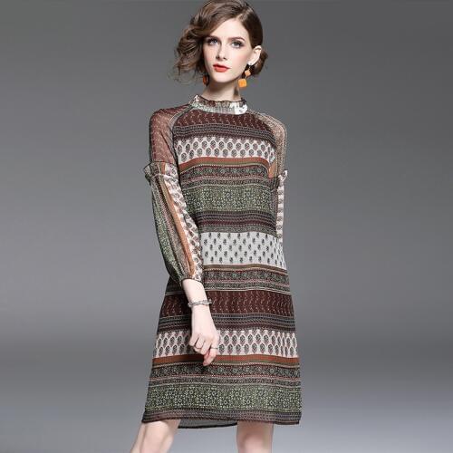 Top quality autumn dress 2017 new fashion brand runway Chiffon dress knee-length o-neck vintage women dress