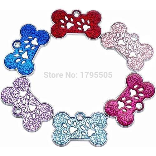 Wholesale 20pcs Personalized Dog Tags Engraved Cat Puppy Pet ID Name Collar Tag Pendant Pet Accessories Bone/Paw Glitter Custom
