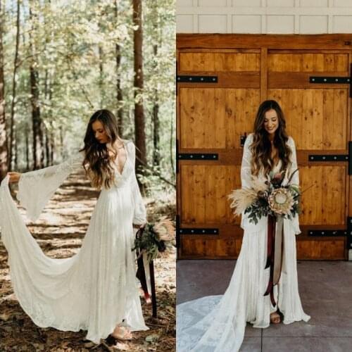 2021 Country Style Boho Lace Wedding Dresses With Long Sleeves V Neck A Line Beach Wedding Gowns Bohemian Plus Size Bridal Dress