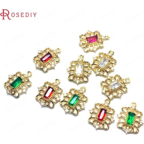 38342)10PCS 10x13MM 24K Champagne Gold Color Brass and Glass Rectangle Charms Pendants Diy Jewelry Findings Accessories