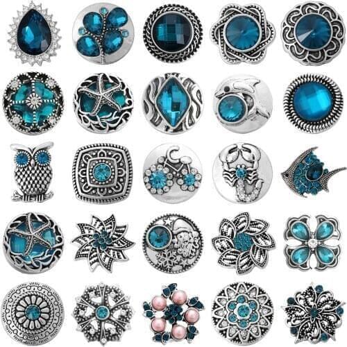 5pcs/lot New Hole Blue 18mm Snap Jewelry Retro Flower Dolphin Owl Scorpion Water Drop Snap Buttons Fit 20mm 18mm Snap Bracelet