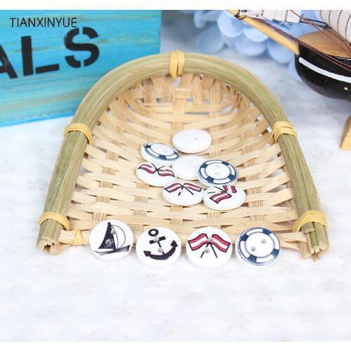 50 pcs 15mm 2-Holes White color Wooden Buttons Sailing navy series Wood Button Clothing Accessories