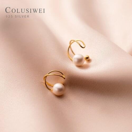 Colusiwei New 925 Sterling Silver Gold Color Geometric Cross Line Beads Pearl Clips Earring for Women Fine Jewelry Hole Ear Clip