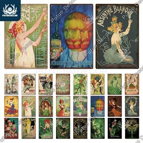 Putuo Decor Absinthe Poster Metal Signs Vintage Tin Sign Funny Decorative Plaque for Pub Bar Man Cave Club Wall Art Decoration