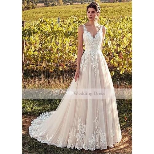 Gy Classic V-Neck Wedding Dresses Champagne A-line Appliques Floor Length Bridal Dresses Vestidos De Noiva