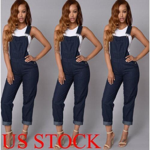 Women Slim Denim Overalls Jeans Pants Ripped Overalls Straps Jumpsuit Rompers Holiday Casual Suspender Trousers