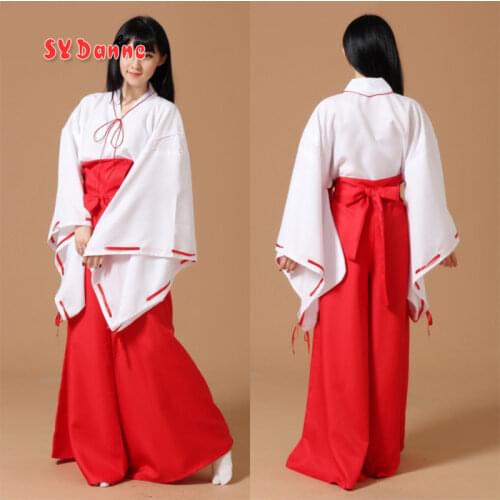 InuYasha Kikyo Miko Kimono Cosplay Costume Japanese Witch Costume Womens White Kimono Red Hakama Pants Outfit Halloween Cosplay