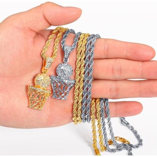 Basketball Hoop Pendant Hip Hop Jewelry For Men Iced Out Bling Crystal Gold Color High Quality Necklace With Chain Champion