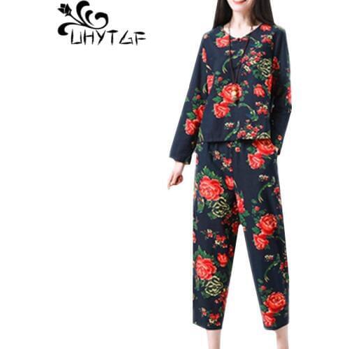 UHYTGF National wind summer sets Womens cotton linen printing short sleeve top+pants Two-piece set loose plus size set women 401