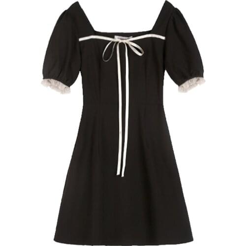 PERHAPS U Slash Neck Short Sleeve Mini Dress Elegant Summer Women Female A-line Black Solid Lace-up D2004