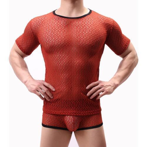 Mens Mesh See-through Fishnet T Shirt Fashion Sexy Short Sleeve Nightclub Wear T-shirt Men Party Perform Streetwear Tops