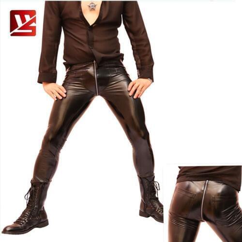 MEISE Sexy Mens High Elastic Tight Faux Leather Pants Low Rise Pencil Pants Shiny Bar Stage Costume Homme Zipper Long Pant NK12