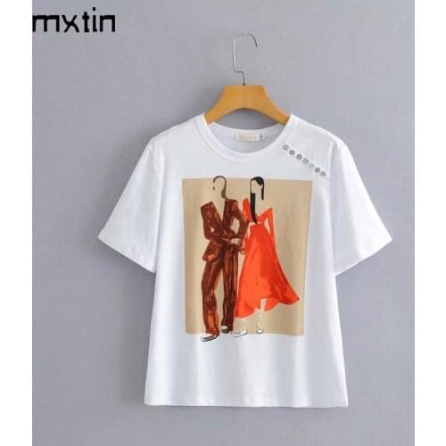 MXTIN 2021 Women Summer Vintage People Print T Shirt Fashion O-Neck Short Sleeve Button Casual Tops Tees Female Harajuku T-Shirt