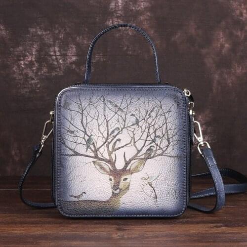 New Fashion Ladies Messenger Bag Leather Bag Ancient Country Style Small Square Toe Layer Cowhide Embossed Creative Bag