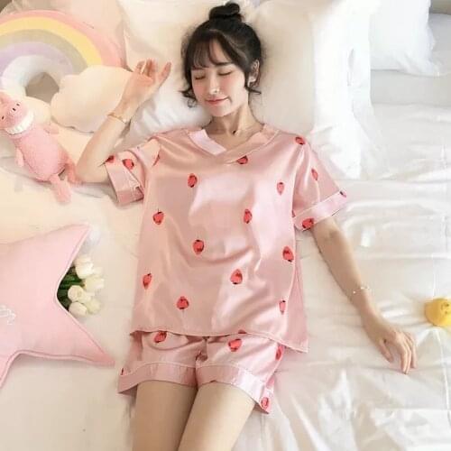 New Women Sleepwear Summer Pajama Set Turn Down Collar Faux Silk Pink Short Sleeve Casual Female Pijama Home Wear Shorts