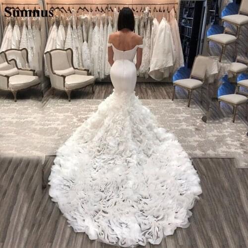 Sumnus Mermaid Wedding Dresses 2021 Elegant Off the Shoulder Satin Organza Bridal Gowns With Flower Court Train Princess
